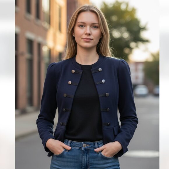 NWOT EXPRESS Chic Navy Military-Style Jacket - Puff Sleeve Blazer Stretch Large - Picture 2 of 8
